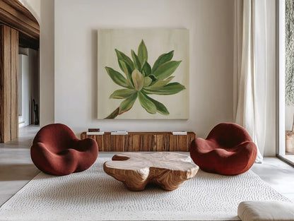 Front Yard Succulent I by Silvia Vassileva. Shown as extra-large giant wall art in a modern living room. Available as an archival giclee rolled canvas, fine art paper, or poster print. SKU 47316a.