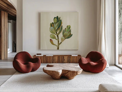 Front Yard Succulent II by Silvia Vassileva. Shown as extra-large giant wall art in a modern living room. Available as an archival giclee rolled canvas, fine art paper, or poster print. SKU 47317a.