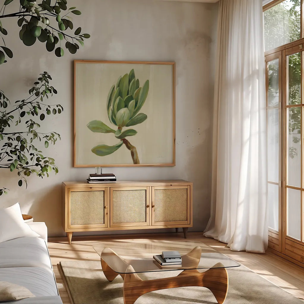 Front Yard Succulent III by Silvia Vassileva. Shown in a natural wood frame in a cozy modern living room. Available as an archival giclee rolled canvas, fine art paper, or poster print. SKU 47318a.