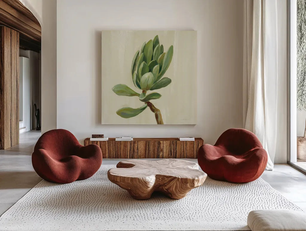 Front Yard Succulent III by Silvia Vassileva. Shown as extra-large giant wall art in a modern living room. Available as an archival giclee rolled canvas, fine art paper, or poster print. SKU 47318a.