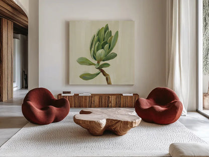Front Yard Succulent III by Silvia Vassileva. Shown as extra-large giant wall art in a modern living room. Available as an archival giclee rolled canvas, fine art paper, or poster print. SKU 47318a.