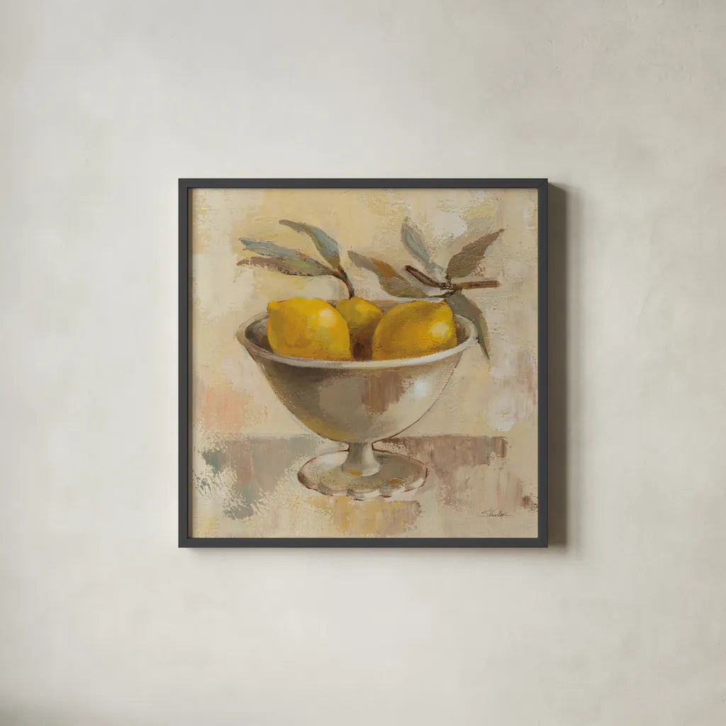 Fruits in Old Bowl I by Silvia Vassileva. Shown in a sleek black glass frame for a contemporary gallery look. Available as an archival giclee rolled canvas, fine art paper, or poster print. SKU 89689a.