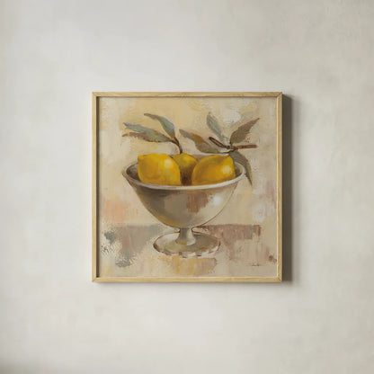 Fruits in Old Bowl I by Silvia Vassileva. Shown in a natural wood glass frame for a timeless modern aesthetic. Available as an archival giclee rolled canvas, fine art paper, or poster print. SKU 89689a.