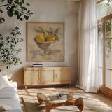 Fruits in Old Bowl I by Silvia Vassileva. Shown in a natural wood frame in a cozy modern living room. Available as an archival giclee rolled canvas, fine art paper, or poster print. SKU 89689a.