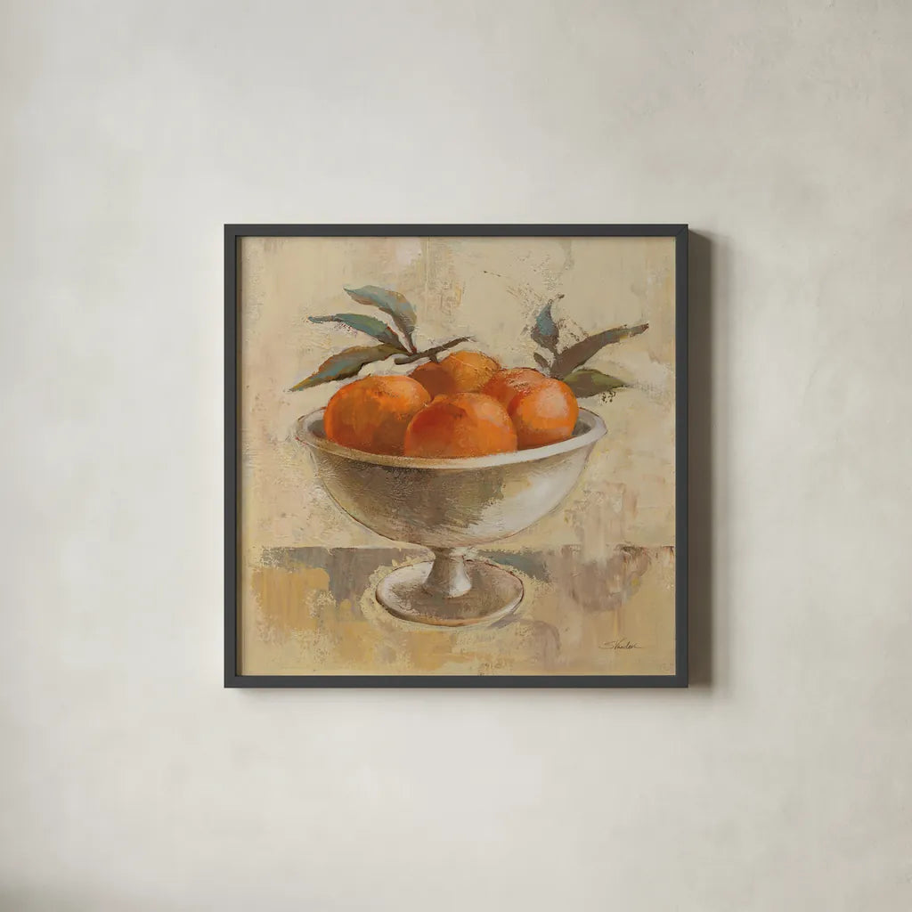Fruits in Old Bowl II by Silvia Vassileva. Shown in a sleek black glass frame for a contemporary gallery look. Available as an archival giclee rolled canvas, fine art paper, or poster print. SKU 89690a.