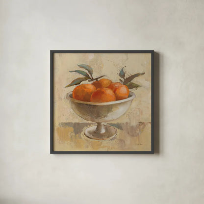 Fruits in Old Bowl II by Silvia Vassileva. Shown in a sleek black glass frame for a contemporary gallery look. Available as an archival giclee rolled canvas, fine art paper, or poster print. SKU 89690a.