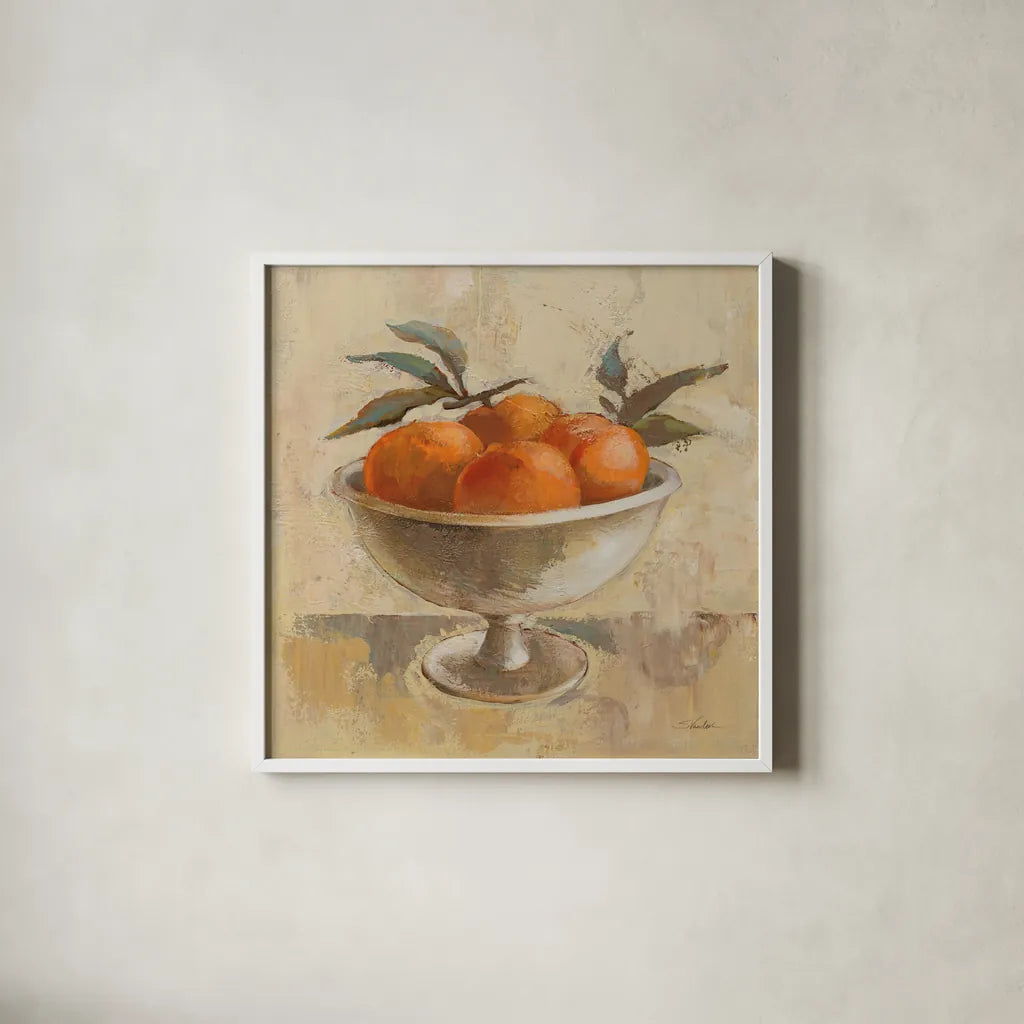 Fruits in Old Bowl II by Silvia Vassileva. Shown in a crisp white glass frame for a clean and minimalist style. Available as an archival giclee rolled canvas, fine art paper, or poster print. SKU 89690a.