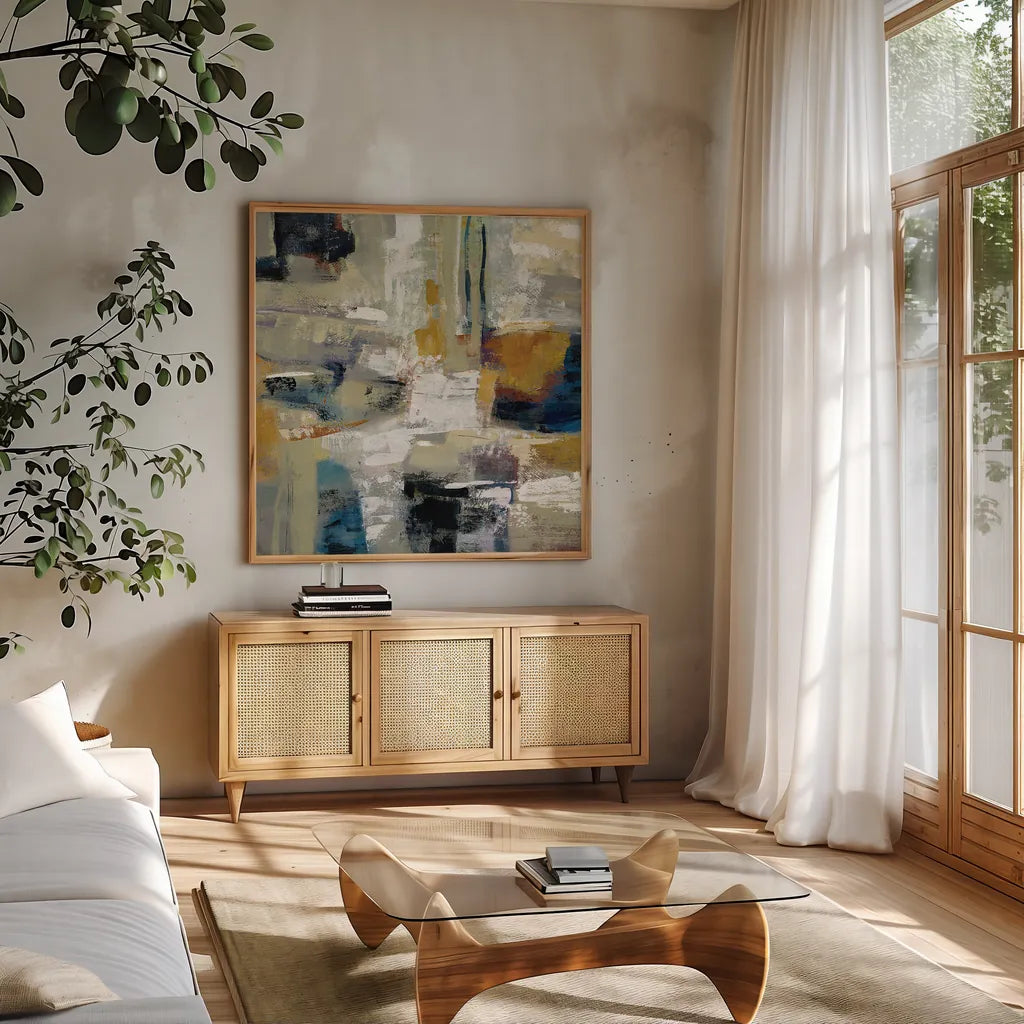 Full Moon I with White by Silvia Vassileva. Shown in a natural wood frame in a cozy modern living room. Available as an archival giclee rolled canvas, fine art paper, or poster print. SKU 30045a.