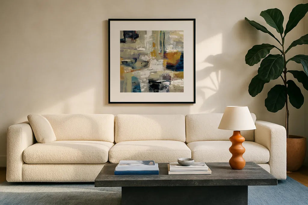 Full Moon I with White by Silvia Vassileva. Displayed in a glass frame with matte in a clean modern living room. Available as an archival giclee rolled canvas, fine art paper, or poster print. SKU 30045a.