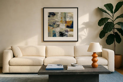Full Moon I with White by Silvia Vassileva. Displayed in a glass frame with matte in a clean modern living room. Available as an archival giclee rolled canvas, fine art paper, or poster print. SKU 30045a.