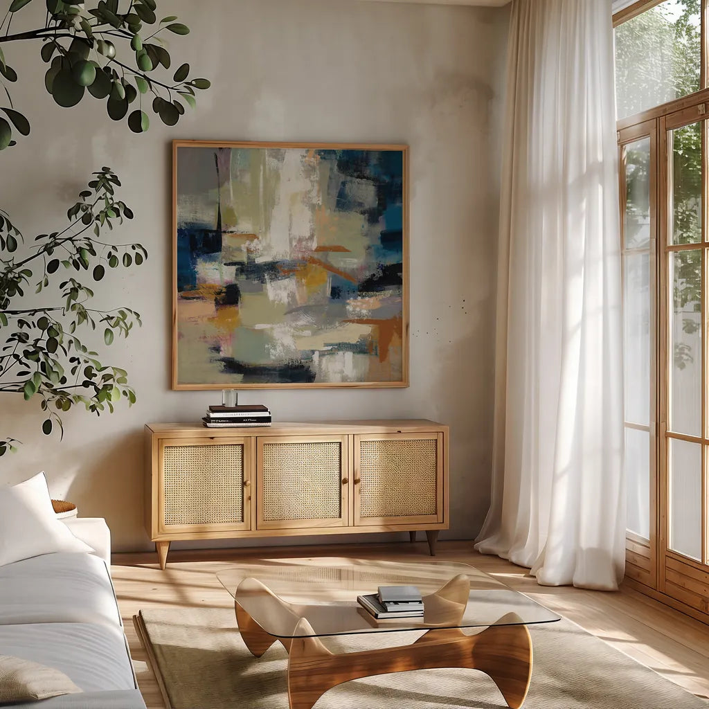 Full Moon II by Silvia Vassileva. Shown in a natural wood frame in a cozy modern living room. Available as an archival giclee rolled canvas, fine art paper, or poster print. SKU 29739a.