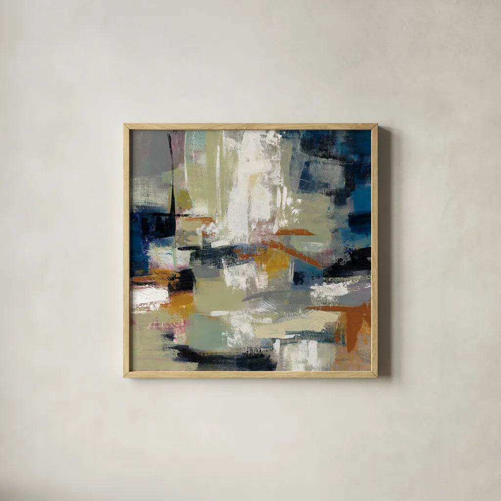 Full Moon II with White by Silvia Vassileva. Shown in a natural wood glass frame for a timeless modern aesthetic. Available as an archival giclee rolled canvas, fine art paper, or poster print. SKU 30046a.