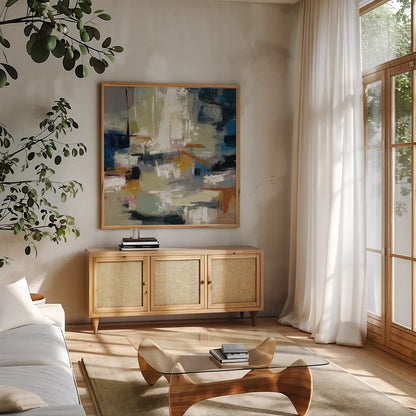 Full Moon II with White by Silvia Vassileva. Shown in a natural wood frame in a cozy modern living room. Available as an archival giclee rolled canvas, fine art paper, or poster print. SKU 30046a.