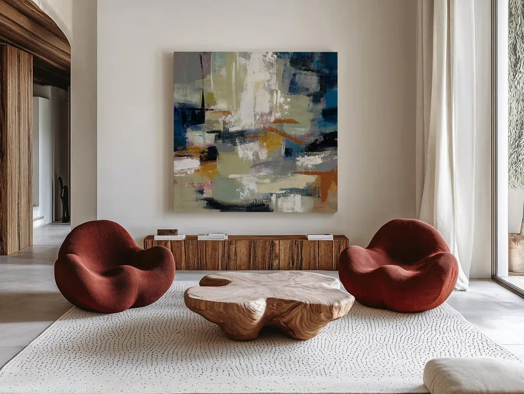 Full Moon II with White by Silvia Vassileva. Shown as extra-large giant wall art in a modern living room. Available as an archival giclee rolled canvas, fine art paper, or poster print. SKU 30046a.