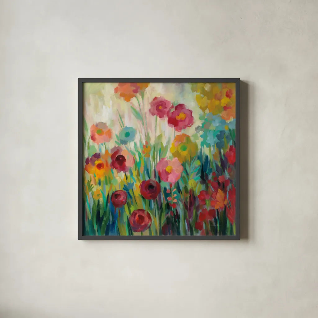Garden Brightness by Silvia Vassileva. Shown in a sleek black glass frame for a contemporary gallery look. Available as an archival giclee rolled canvas, fine art paper, or poster print. SKU 54374a.