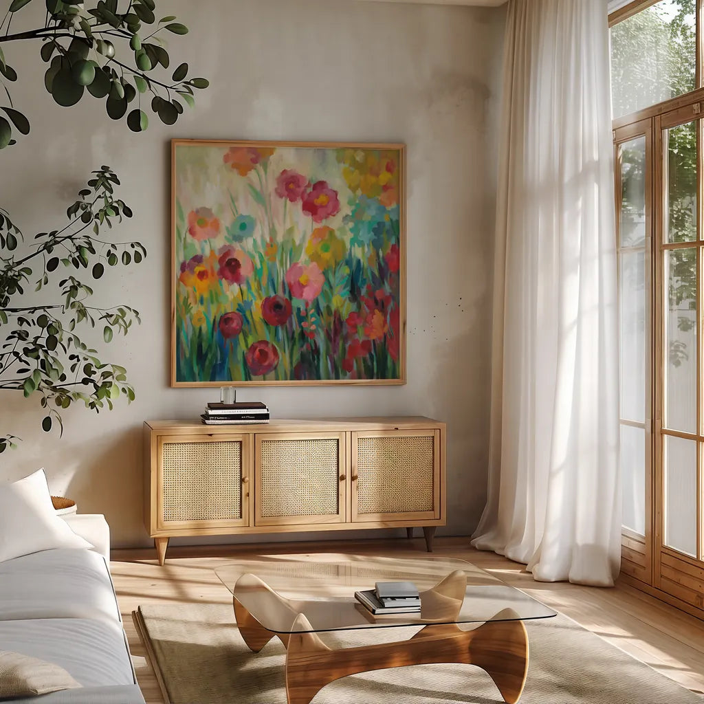 Garden Brightness by Silvia Vassileva. Shown in a natural wood frame in a cozy modern living room. Available as an archival giclee rolled canvas, fine art paper, or poster print. SKU 54374a.