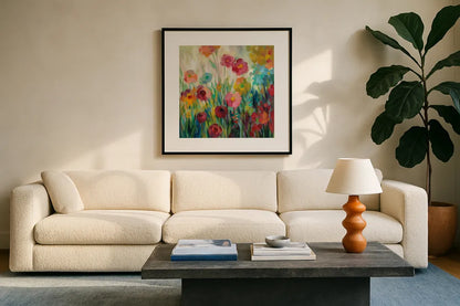 Garden Brightness by Silvia Vassileva. Displayed in a glass frame with matte in a clean modern living room. Available as an archival giclee rolled canvas, fine art paper, or poster print. SKU 54374a.