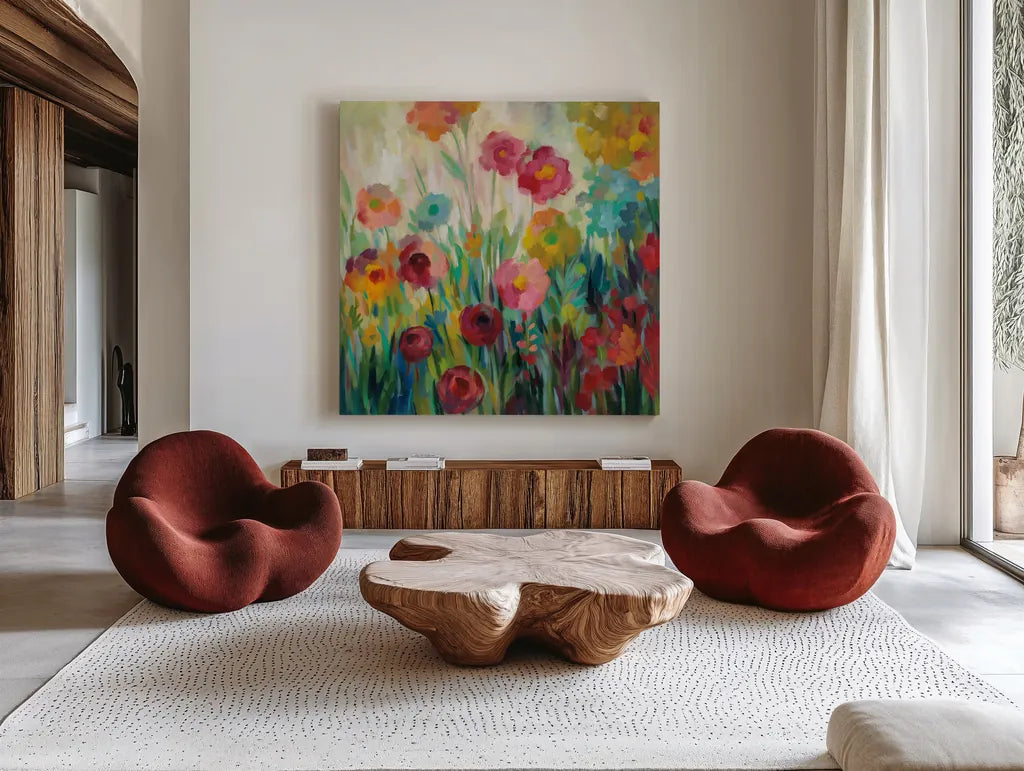 Garden Brightness by Silvia Vassileva. Shown as extra-large giant wall art in a modern living room. Available as an archival giclee rolled canvas, fine art paper, or poster print. SKU 54374a.