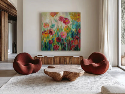 Garden Brightness by Silvia Vassileva. Shown as extra-large giant wall art in a modern living room. Available as an archival giclee rolled canvas, fine art paper, or poster print. SKU 54374a.