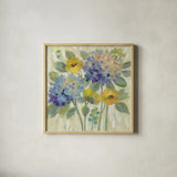 Garden Burst by Silvia Vassileva. Shown in a natural wood glass frame for a timeless modern aesthetic. Available as an archival giclee rolled canvas, fine art paper, or poster print. SKU 50286a.