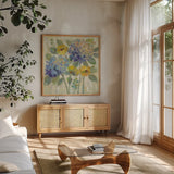 Garden Burst by Silvia Vassileva. Shown in a natural wood frame in a cozy modern living room. Available as an archival giclee rolled canvas, fine art paper, or poster print. SKU 50286a.