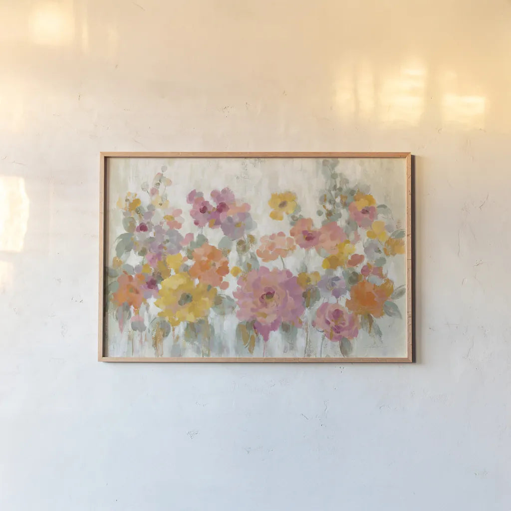 Garden Fun by Silvia Vassileva. shown as a paper print in a natural frame. Available as a archival giclee rolled canvas, fine art paper, or poster print. SKU 46916i.