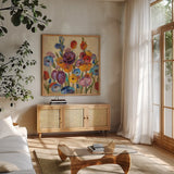 Garden Hues I by Silvia Vassileva. Shown in a natural wood frame in a cozy modern living room. Available as an archival giclee rolled canvas, fine art paper, or poster print. SKU 8442a.