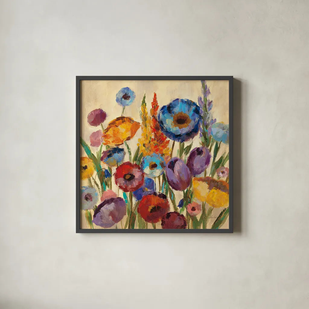 Garden Hues II by Silvia Vassileva. Shown in a sleek black glass frame for a contemporary gallery look. Available as an archival giclee rolled canvas, fine art paper, or poster print. SKU 8443a.