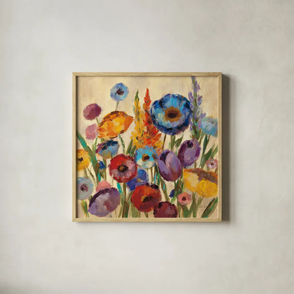 Garden Hues II by Silvia Vassileva. Shown in a natural wood glass frame for a timeless modern aesthetic. Available as an archival giclee rolled canvas, fine art paper, or poster print. SKU 8443a.