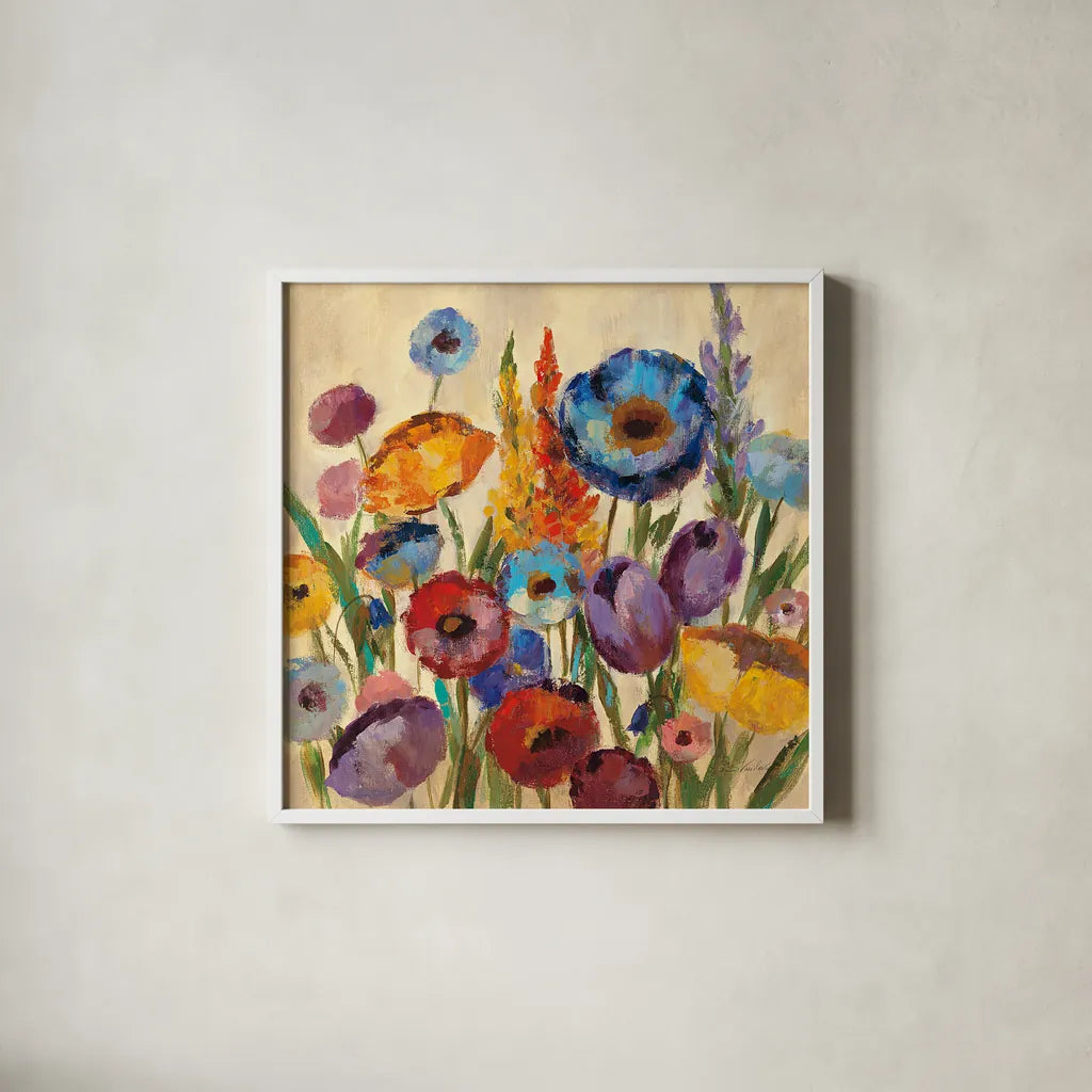 Garden Hues II by Silvia Vassileva. Shown in a crisp white glass frame for a clean and minimalist style. Available as an archival giclee rolled canvas, fine art paper, or poster print. SKU 8443a.