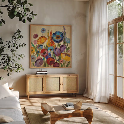 Garden Hues II by Silvia Vassileva. Shown in a natural wood frame in a cozy modern living room. Available as an archival giclee rolled canvas, fine art paper, or poster print. SKU 8443a.