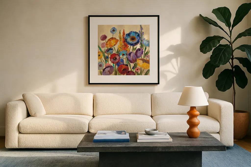 Garden Hues II by Silvia Vassileva. Displayed in a glass frame with matte in a clean modern living room. Available as an archival giclee rolled canvas, fine art paper, or poster print. SKU 8443a.