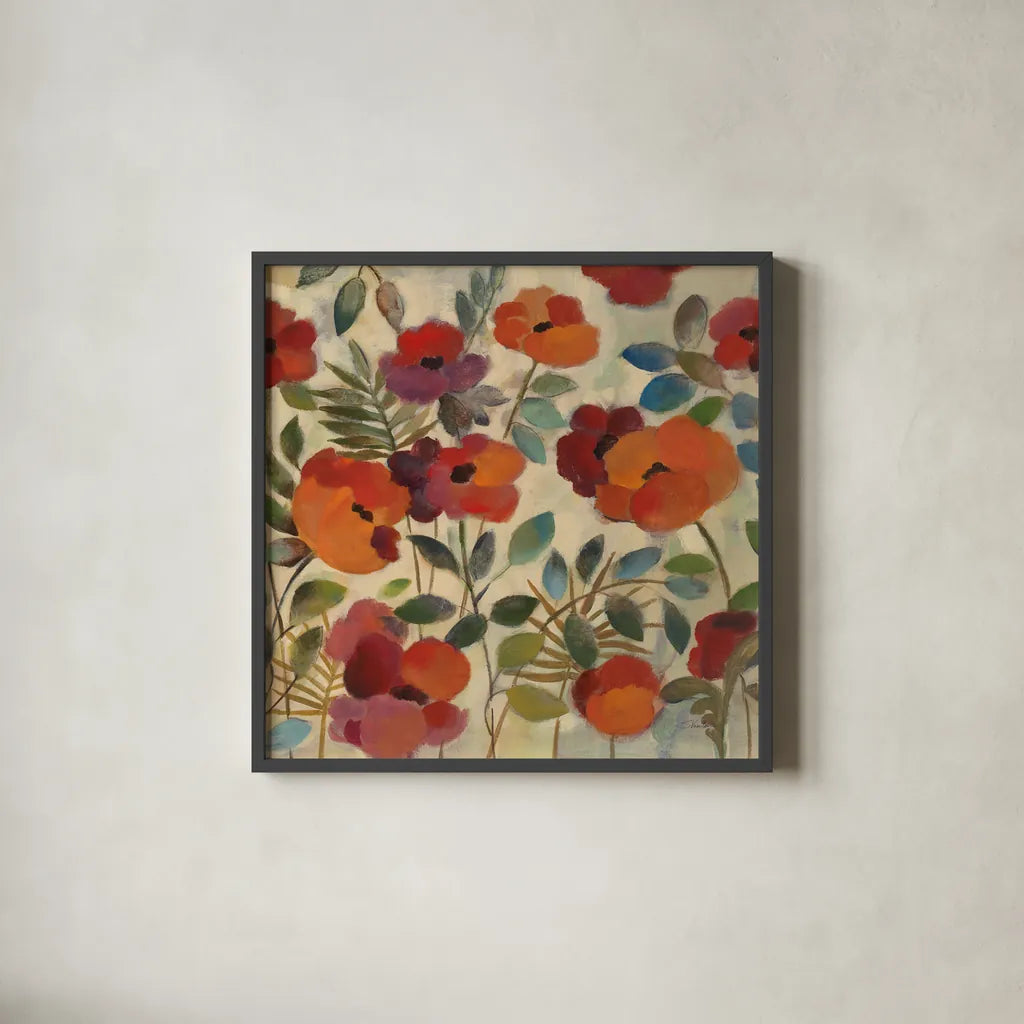 Garden In August Square by Silvia Vassileva. Shown in a sleek black glass frame for a contemporary gallery look. Available as an archival giclee rolled canvas, fine art paper, or poster print. SKU 1090a.