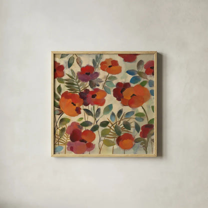 Garden In August Square by Silvia Vassileva. Shown in a natural wood glass frame for a timeless modern aesthetic. Available as an archival giclee rolled canvas, fine art paper, or poster print. SKU 1090a.