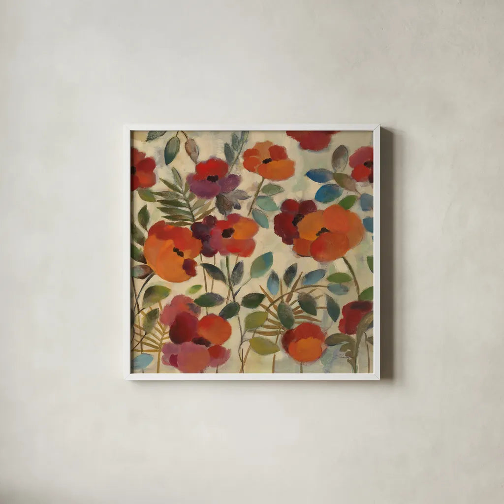 Garden In August Square by Silvia Vassileva. Shown in a crisp white glass frame for a clean and minimalist style. Available as an archival giclee rolled canvas, fine art paper, or poster print. SKU 1090a.
