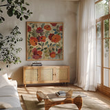 Garden In August Square by Silvia Vassileva. Shown in a natural wood frame in a cozy modern living room. Available as an archival giclee rolled canvas, fine art paper, or poster print. SKU 1090a.