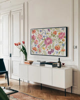 Garden Party I by Silvia Vassileva. shown as a framed stretched canvas in a living room above a console. Available as a archival giclee rolled canvas, fine art paper, or poster print. SKU 61569i.