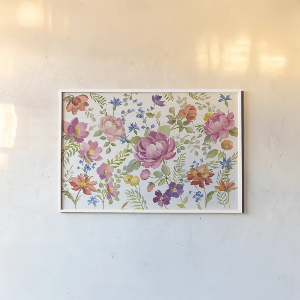 Garden Party I by Silvia Vassileva. shown as a paper print in a white frame. Available as a archival giclee rolled canvas, fine art paper, or poster print. SKU 61569i.