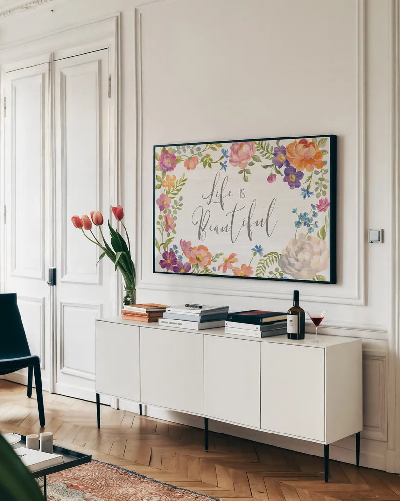 Garden Party II by Silvia Vassileva. shown as a framed stretched canvas in a living room above a console. Available as a archival giclee rolled canvas, fine art paper, or poster print. SKU 61570i.