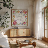 Garden Party III by Silvia Vassileva. Shown in a natural wood frame in a cozy modern living room. Available as an archival giclee rolled canvas, fine art paper, or poster print. SKU 61571a.