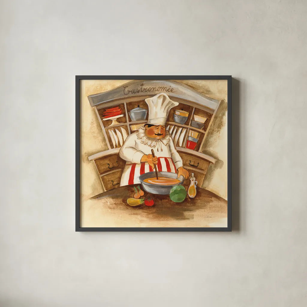 Gastronomie by Silvia Vassileva. Shown in a sleek black glass frame for a contemporary gallery look. Available as an archival giclee rolled canvas, fine art paper, or poster print. SKU 19174a.