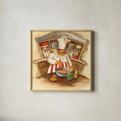 Gastronomie by Silvia Vassileva. Shown in a natural wood glass frame for a timeless modern aesthetic. Available as an archival giclee rolled canvas, fine art paper, or poster print. SKU 19174a.
