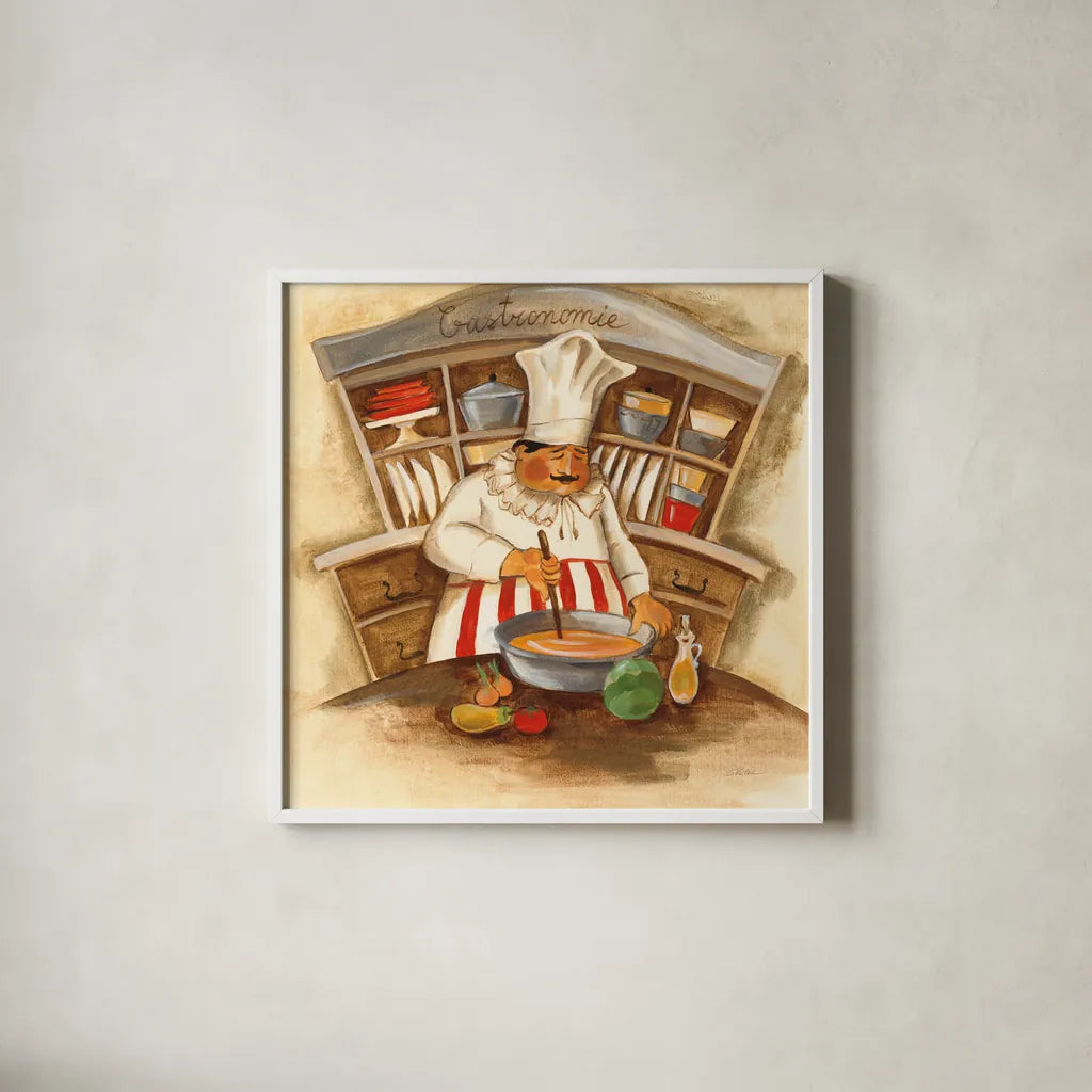 Gastronomie by Silvia Vassileva. Shown in a crisp white glass frame for a clean and minimalist style. Available as an archival giclee rolled canvas, fine art paper, or poster print. SKU 19174a.