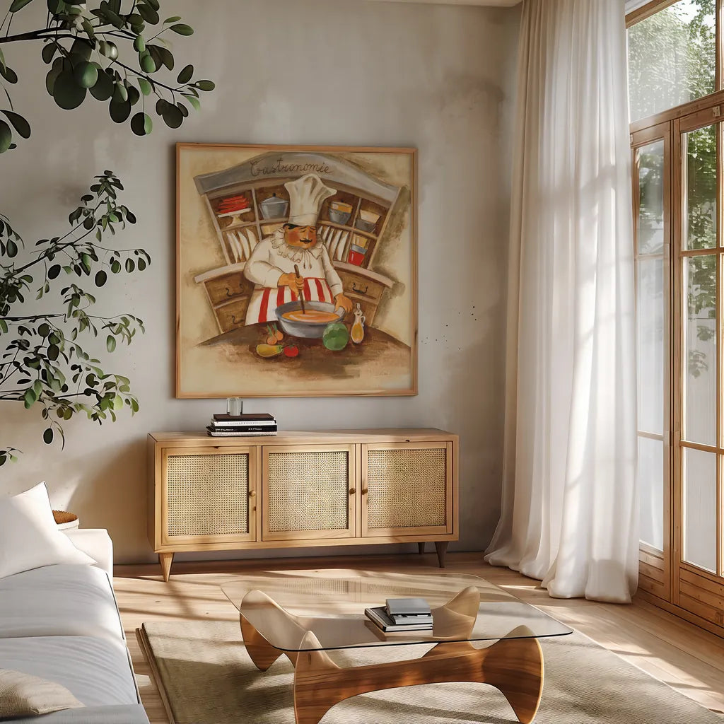 Gastronomie by Silvia Vassileva. Shown in a natural wood frame in a cozy modern living room. Available as an archival giclee rolled canvas, fine art paper, or poster print. SKU 19174a.