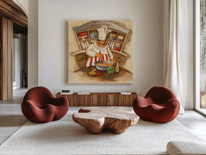 Gastronomie by Silvia Vassileva. Shown as extra-large giant wall art in a modern living room. Available as an archival giclee rolled canvas, fine art paper, or poster print. SKU 19174a.