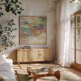 Gentle Gaze by Silvia Vassileva. Shown in a natural wood frame in a cozy modern living room. Available as an archival giclee rolled canvas, fine art paper, or poster print. SKU 20896a.