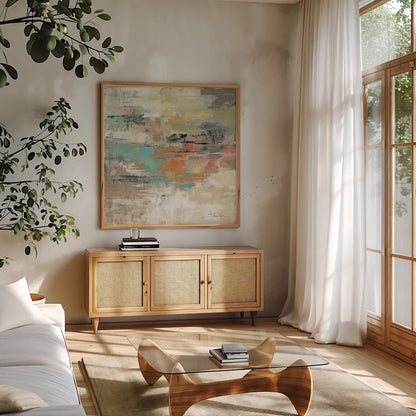 Gentle Gaze by Silvia Vassileva. Shown in a natural wood frame in a cozy modern living room. Available as an archival giclee rolled canvas, fine art paper, or poster print. SKU 20896a.