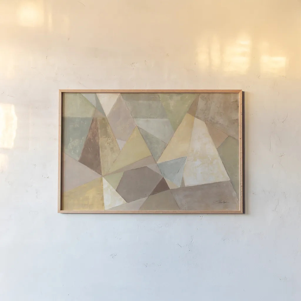 Geometric Abstract Neutral by Silvia Vassileva. shown as a paper print in a natural frame. Available as a archival giclee rolled canvas, fine art paper, or poster print. SKU 22923i.