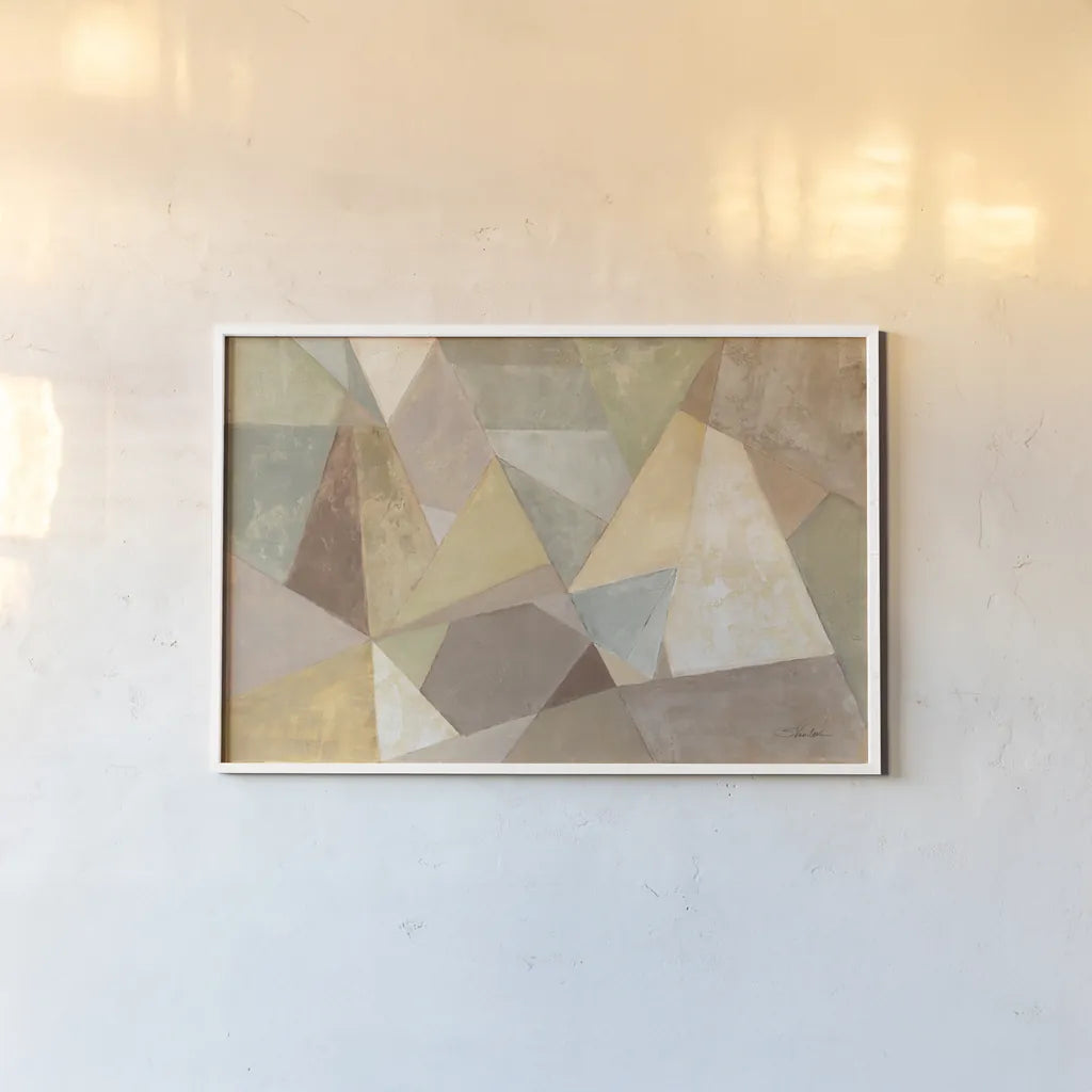 Geometric Abstract Neutral by Silvia Vassileva. shown as a paper print in a white frame. Available as a archival giclee rolled canvas, fine art paper, or poster print. SKU 22923i.