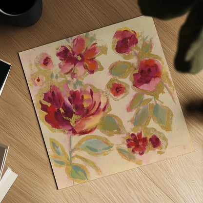 Gilded Loose Floral I by Silvia Vassileva. Shown as a detailed flat fine art print, highlighting archival giclee quality. Available as an archival giclee rolled canvas, fine art paper, or poster print. SKU 66088a.